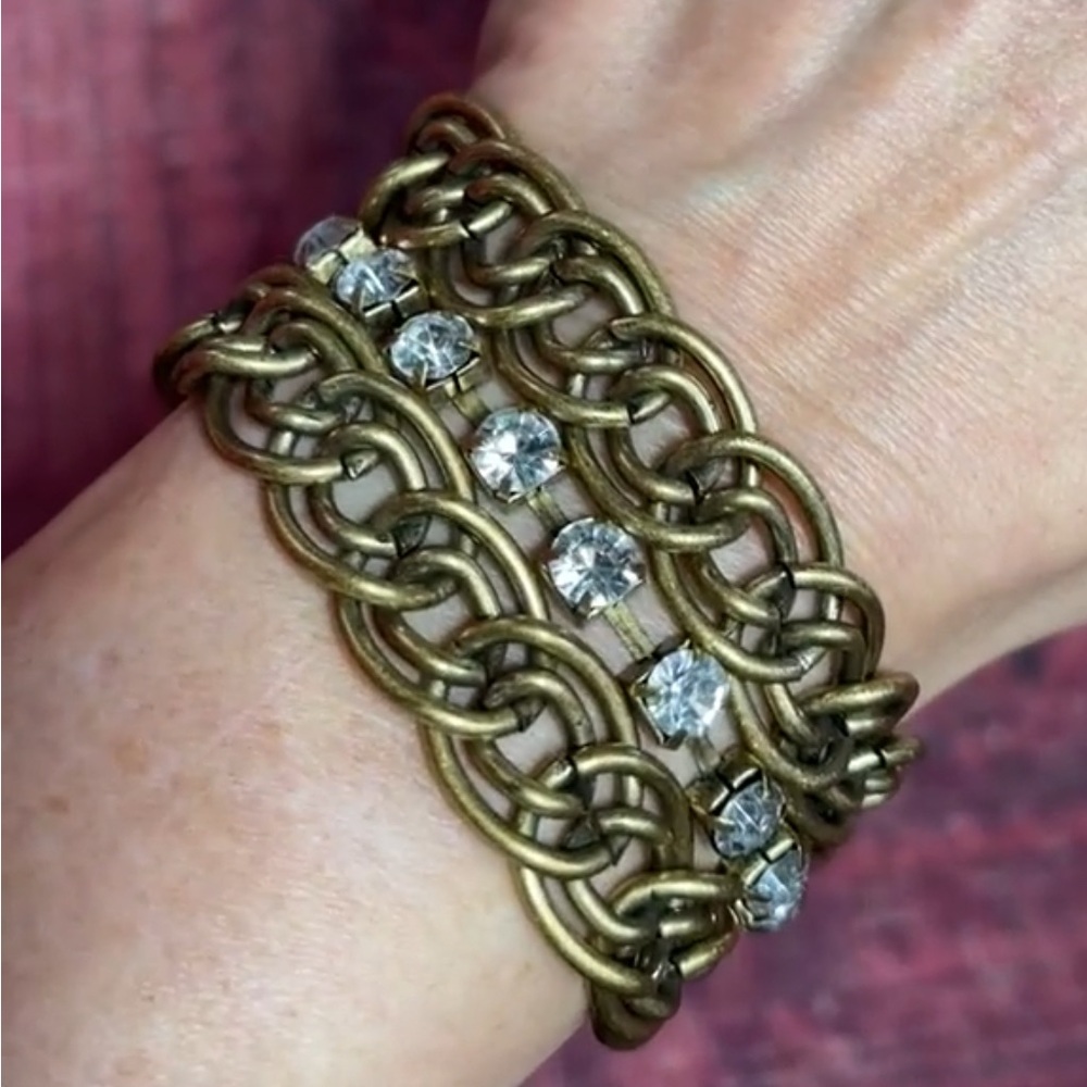 Statement Bracelet Bold Goldtone Rhinestone Magnetic Clasp MultiChain Maximalism
